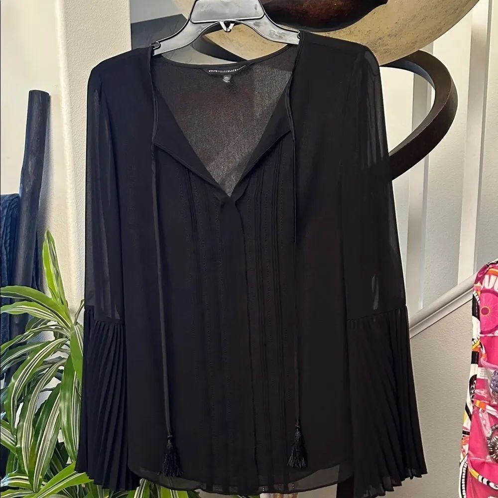 White House Black Market Black Blouse with Pleated Sleeves